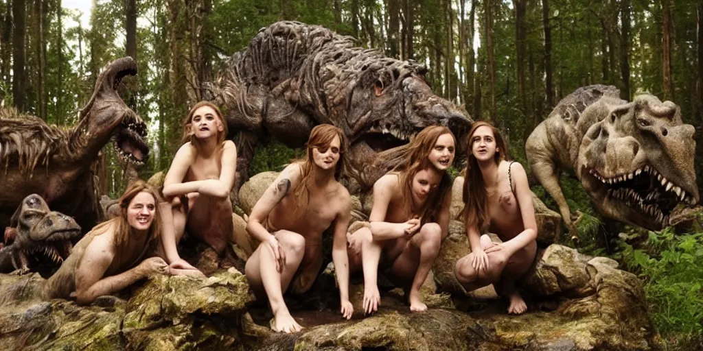 Prompt: photo, three hairy fat cave people, emma!! watson!!, looking at camera, surrounded by dinosaurs!, gigantic forest trees, sitting on rocks, bright moon, birthday cake on the ground, front view