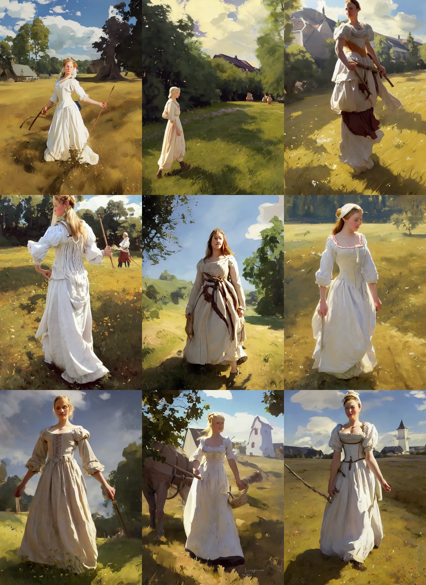 Image similar to finnish norway scandinavian attractive village maiden wearing 1 7 th century bodice walking in the field in a sunny day, jodhpurs greg manchess painting by sargent and leyendecker, studio ghibli, fantasy, medium shot, asymmetrical, intricate, elegant, matte painting, illustration, hearthstone, by greg rutkowski, by greg tocchini, by james gilleard