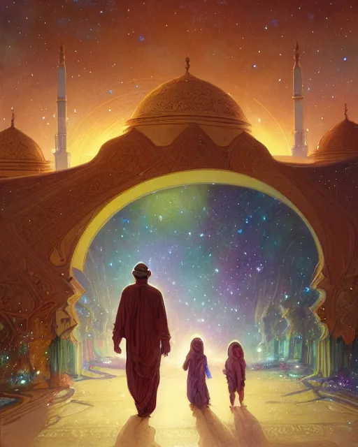 Image similar to bedouin man and woman and child in galaxy walking towards mosque surrounded by nebula, highly detailed, gold filigree, romantic storybook fantasy, soft cinematic lighting, award, disney concept art watercolor illustration by mandy jurgens and alphonse mucha and alena aenami, pastel color palette, featured on artstation