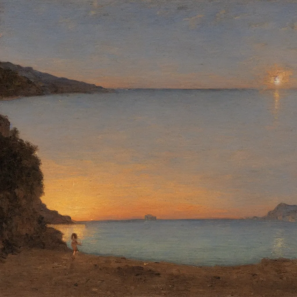 Prompt: a girl on the beach, beautiful sunset, at Ville Franche sur Mer by Claude Lorraine