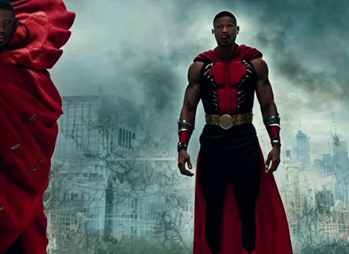 Image similar to film still of michael b jordan as spawn in the new spawn movie, giant chains, large cape, 8 k