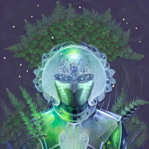 Image similar to half figure shot of a male knight, stern face, clear eyes, shining sword, in a dark forest, shining armour made of steel and flowers, and fractal flowery hair in a fractal garden, glowing delicate flower, berries and ferns that grow in a dark fantasy forest, clear face, peaceful face,