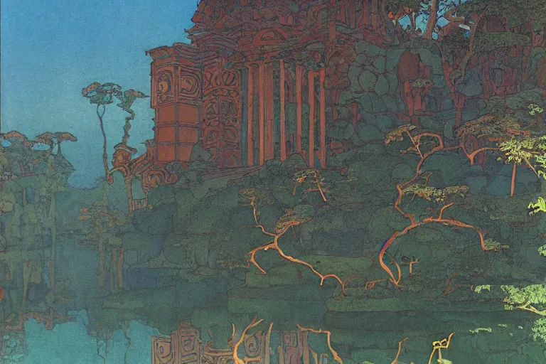 Image similar to ancient temple by a lake at dawn | by Edmund Dulac and Maxfield Parrish and Nicholas Roerich | ornate carvings| climbing vines| rich color | dramatic cinematic lighting | extremely clear and detailed