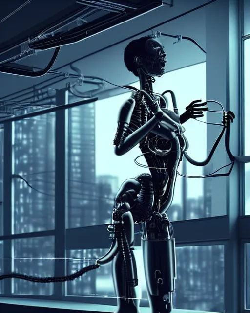 Image similar to a terminator cyborg lady with borg implants, and is hanging from cables and wires off the ceiling of a lab. her bottom half is missing with cables hanging out. she is taking a sip from a cup of coffee. tiny green led lights in her cybernetics. sophisticated lab in the background, with dystopian city visible through the window. very detailed 8 k. horror cyberpunk style.