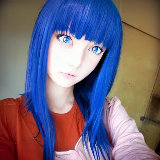 Image similar to (anime girl), steel blue symmetric eyes 24yo, studio, annie leibowit