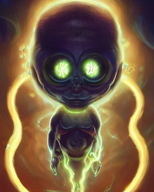 Image similar to one signular portrait of a cute bioluminescent baby creature with big glowing eyes, highly detailed, digital painting, cinematic, hyper realism, dark retrowave, art by Stanley Lau and Artgerm and magali villeneuve and Alphonse Mucha, artstation, octane render, cgsociety