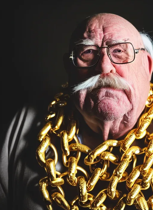 Prompt: dslr portrait photo still of!!! wilfred brimley as a gangsta rapper with gold chains and gold teeth grills growling at camera, 8 k, 8 5 mm f 1. 8