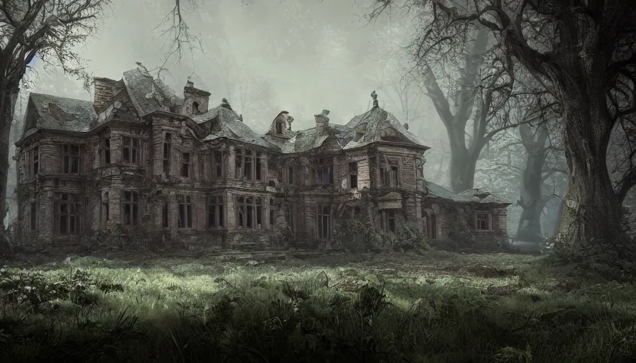 Prompt: abandoned manor in a dark wood, fps game view, hyperdetailed, artstation, cgsociety, 8 k