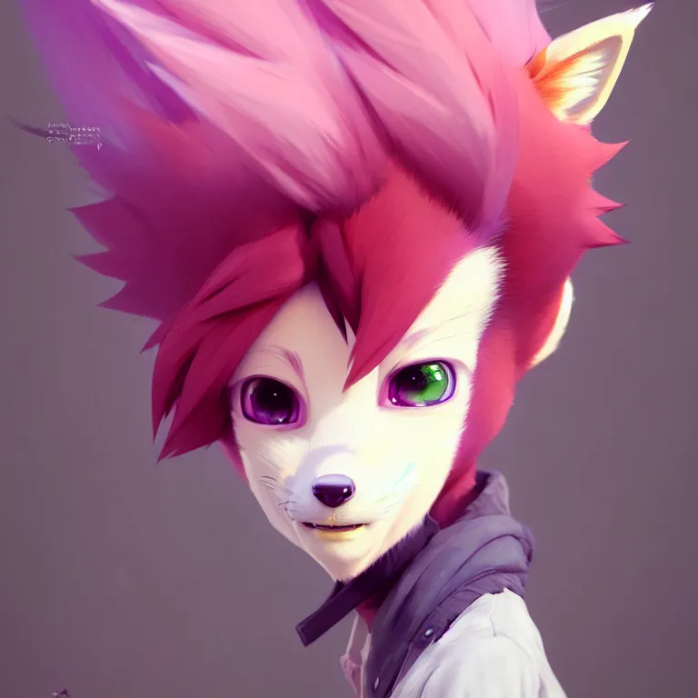 Image similar to a beautiful headshot portrait of a cute anime male fox with pink hair and piercings and green eyes. character design by cory loftis, fenghua zhong, ryohei hase, ismail inceoglu and ruan jia. artstation, volumetric light, detailed, photorealistic, fantasy, rendered in octane