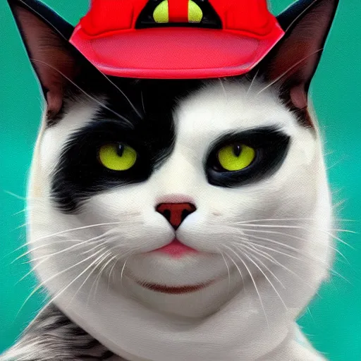 Image similar to Portrait of a Cat dressed as Super Mario, Mario hat, kawaii aesthetic, nintendo, highly detailed, digital painting, artstation, concept art, smooth, sharp focus, illustration, art by artgerm and greg rutkowski and alphonse mucha