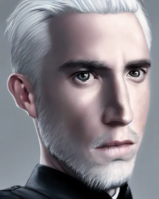 Image similar to portrait of 4 0 - year - old man with white hair with a pale complexion, pointed face and grey eyes, malfoy, clear smooth face, no beard, wearing all black clothes, haughty facial expression, hyper realistic face, beautiful eyes, character art, art by mark brooks, hyperdetailed, cryengine, trending on artstation, digital art