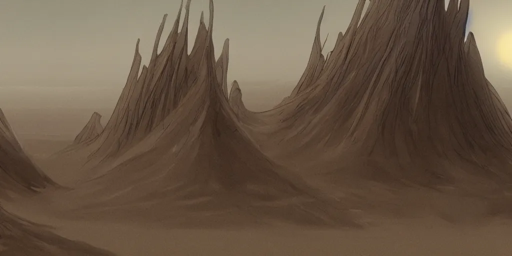 Image similar to dune but there are trees and water like an oasis, city and temples of arrakis, arrakeen, arab ar architectural and brutalism and gigantism, from frank herbert novels, composition idea concept art for movies, style of denis villeneuve and greg fraiser