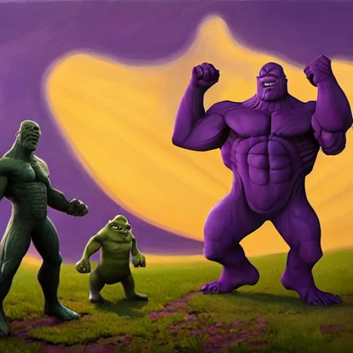 Image similar to Thanos fighting against Shrek, trending on artstation, oil on canvas