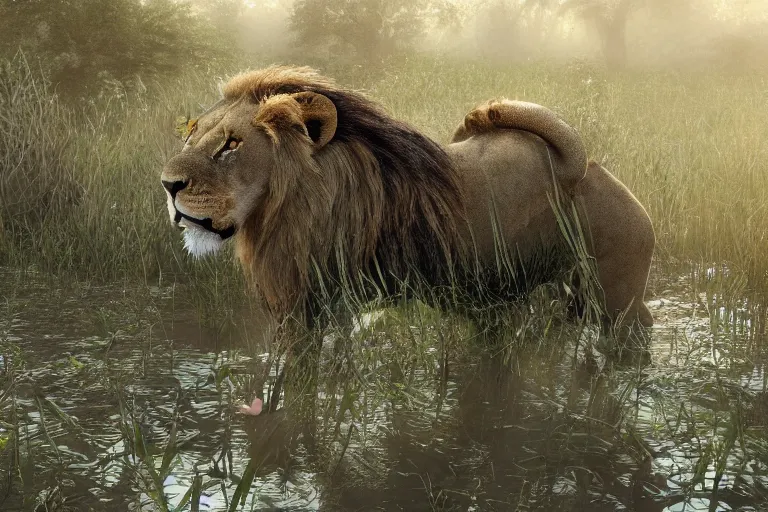 Image similar to a lion-snake, roaming the swamps, cinematic, digital art, photorealistic, artstation, concept art