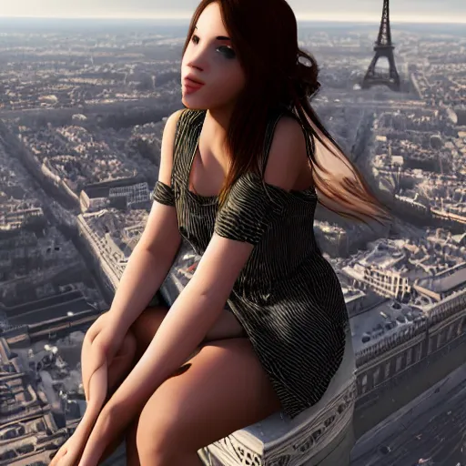 Prompt: A young beautiful giantess wearing a sundress sitting on the Eifel tower,detailed body and face, beautiful lighting,digital art , highly detailed , high contrast, beautiful lighting, award winning , trending on art station, 8k, photorealistic,unreal engine 5