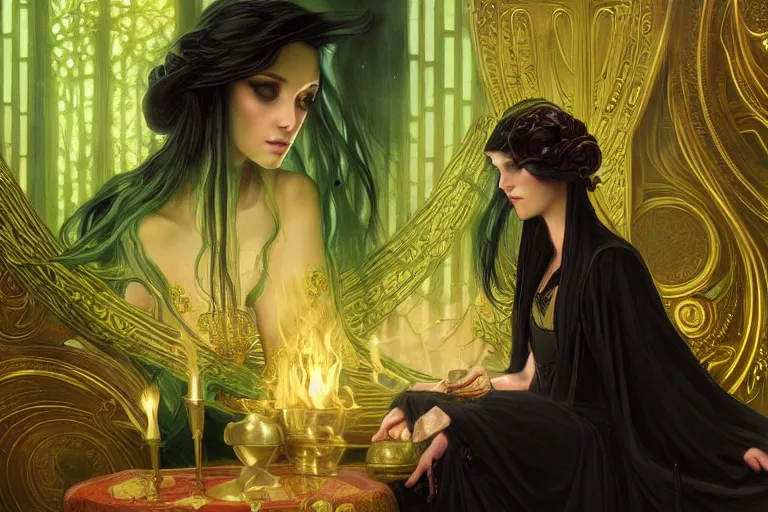 Image similar to a beautiful young dark sorceress wearing a black robe with gold embroidery, sitting at table, casting a spell, green glows, painted by artgerm and tom bagshaw and alphonse mucha, in the style of magic the gathering, highly detailed digital art