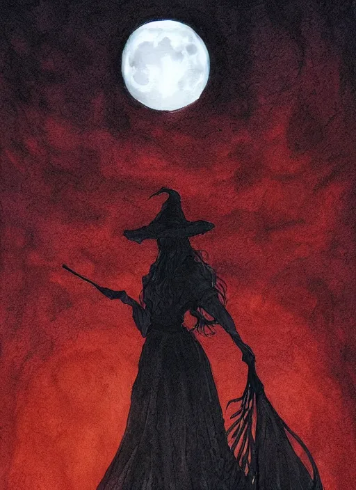 Image similar to portrait, silhouette of a witch in front of the full big moon, watercolor, dramatic lighting, cinematic, establishing shot, extremly high detail, foto realistic, cinematic lighting, pen and ink, intricate line drawings, by Yoshitaka Amano, Ruan Jia, Kentaro Miura, Artgerm, post processed, concept art, artstation, matte painting, style by eddie mendoza, raphael lacoste, alex ross