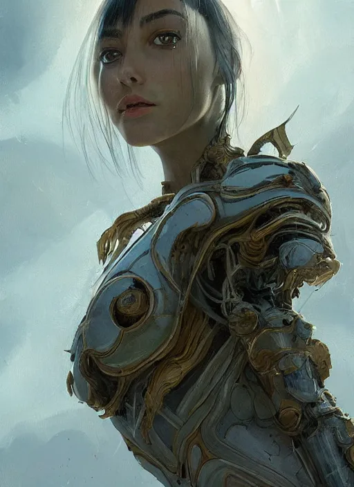 Image similar to a professional painting of a beautiful young female alien, clothed in ethereal armor, olive skin, long dark hair, beautiful bone structure, symmetrical facial features, intricate, elegant, digital painting, concept art, smooth, sharp focus, illustration, from Valerian and the City of a Thousand Planets, by Ruan Jia and Mandy Jurgens and Artgerm and William-Adolphe Bouguerea