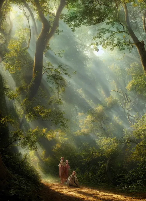 Image similar to A path through a forest, landscape, Anya_Taylor-Joy, Cory Chase, Eva Green, François Boucher, Oil Painting, hyperrealistic, Detailed Digital Art, Michael Cheval, Volumetric Golden dappled dynamic lighting, Highly Detailed, Cinematic Lighting, Unreal Engine, 4k