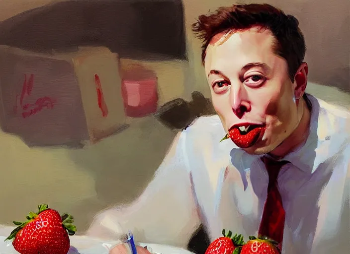 Image similar to a highly detailed beautiful portrait of elon musk eating strawberry by gregory manchess, james gurney, james jean