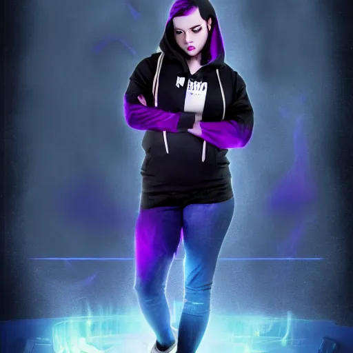 Prompt: poster artwork, sci fi, a female, full body, black hoodie techie, black hair with purple streaks, 8 k