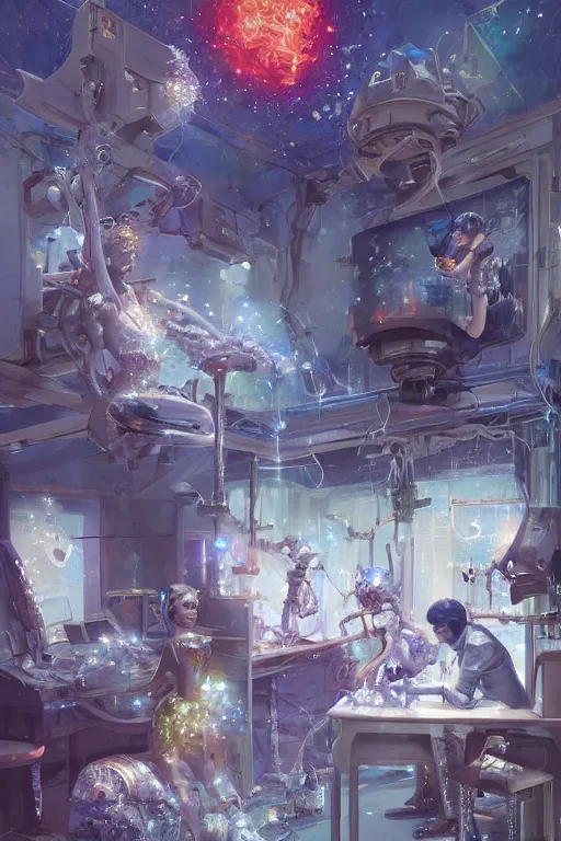 Image similar to sparkly machines listen symbolically in the tar house, by artgerm and Craig Mullins, James Jean, Andrey Ryabovichev, Mark Simonetti and Peter Morbacher 16k