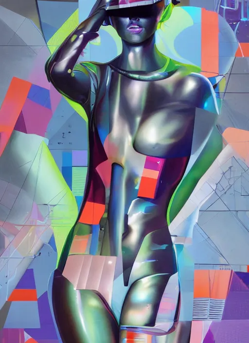 Image similar to futuristic lasers tracing, data visualization, laserpunk fullbodysuit,, pyramid visor, raindrops, wet, oiled, beautiful cyborg girl pinup, by steven meisel, kaws, james jean, rolf armstrong, cubist perfect geometry abstract acrylic, hyperrealism photorealistic airbrush collage painting, monochrome, neon fluorescent colors, rule of thirds, eighties eros