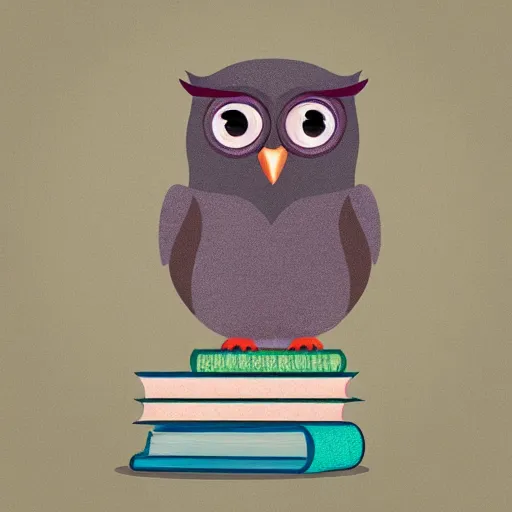 Image similar to a cute pastel owl holding a stack of books, realistic portrait