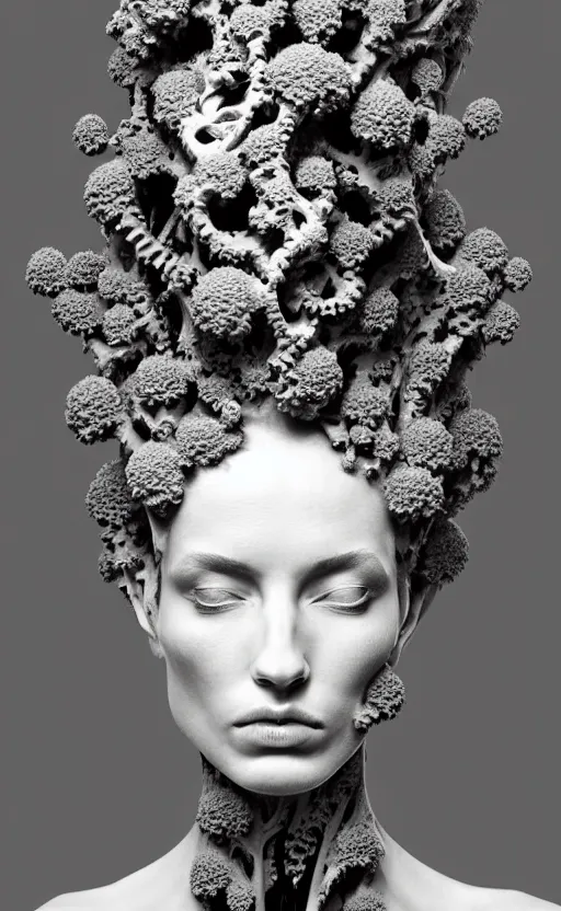 Image similar to a black and white high quality photo of a young beautiful female queen-vegetal-dragon-cyborg bust with a very long neck and Mandelbrot fractal face, Mandelbrot fractal skin, flesh, anatomical, facial muscles, veins, arteries, elegant, highly detailed, flesh highly baroque ornate, hair are wired cables, elegant, high fashion, rim light, octane render, in the style of Cindy Sherman, Realistic, Refined, Digital Art, Highly Detailed, Cinematic Lighting, rim light, black and white, photo-realistic, 8K