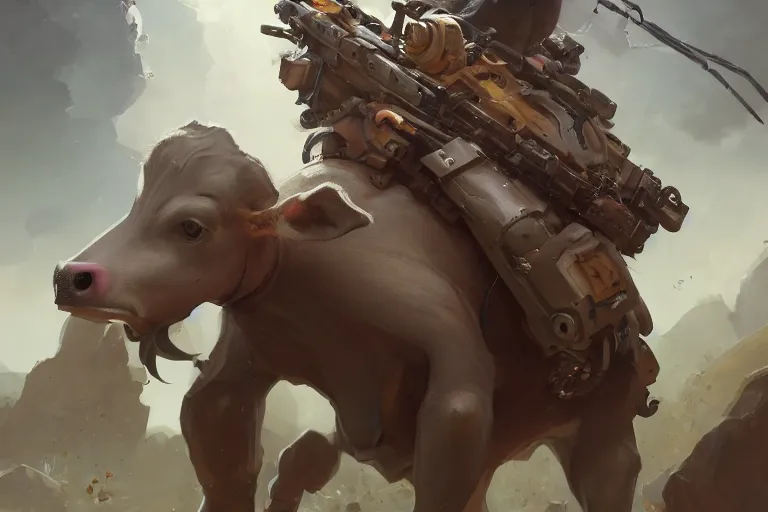 Prompt: a cow with a machine gun, fantastical, concept art, highly detailed, artstation, 4 k, octane render, focus, smooth, trending, feng zhu, shaddy safadi, noah bradley, tyler edlin, jordan grimmer, darek zabrocki, neil blevins, tuomas korpi