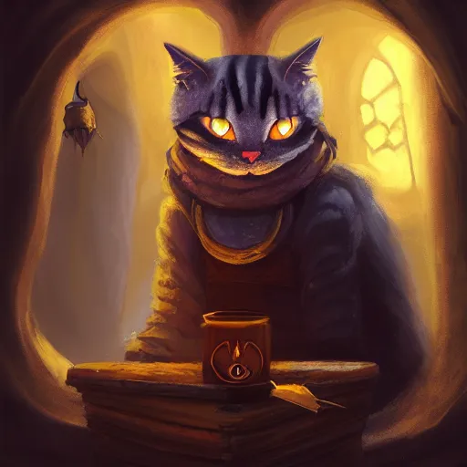 Image similar to Oil Painting of Cat, Anthropomorphized, evil grin, brewing potion in witch Hut, magic the gathering artwork, horror, D&D, fantasy, cinematic lighting, centered, symmetrical, highly detailed, digital painting, artstation, concept art, smooth, sharp focus, illustration, volumetric lighting, epic Composition, 8k, art by Akihiko Yoshida and Greg Rutkowski and Craig Mullins, oil painting, cgsociety