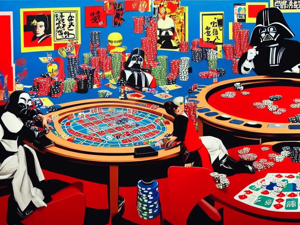 Image similar to hyper - realistic composition of a room with an extremely detailed poker table, croupier in traditional japanese kimono standing nearby, darth vader sitting at the table, fireworks in the background, pop art style, jackie tsai style, andy warhol style, acrylic on canvas