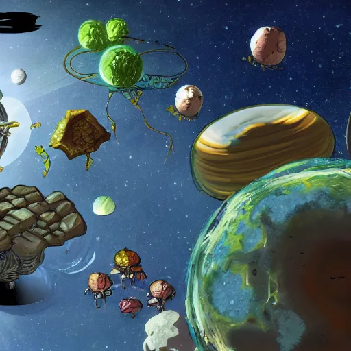 Image similar to a new RPG video game set in a solar system where each planet has a unique ecology with many varying species and cultures, mostly fungus inspired, communication between planets and species, mycology, Mycelium, the player has a spaceship and can explore and interact with these planets, 4k, concept art, visionary