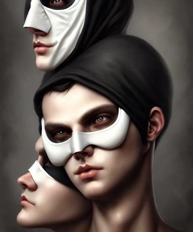 Image similar to white man with black fabric mask, short dark hair, highly detailed face!!!, true anatomy!, extremely detailed!, digital painting, unreal engine 5, art by tom bagshaw