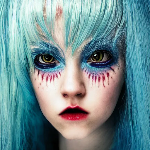 Image similar to portrait of young girl half dragon half human, dragon girl, dragon skin, dragon eyes, dragon crown, blue hair, long hair, highly detailed, cinematic lighthing, By David Lynch