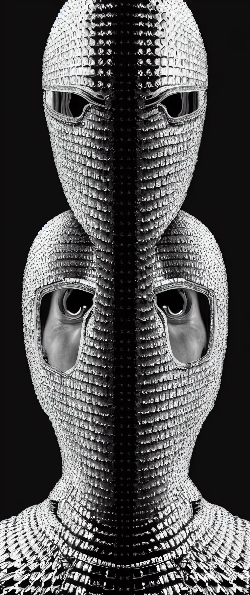 Image similar to hyperrealist highly detailed portrait of high fashion warrior wearing reflective mirror mirrored reflection armor, concept art pascal blanche dramatic studio lighting 8k wide angle shallow depth of field