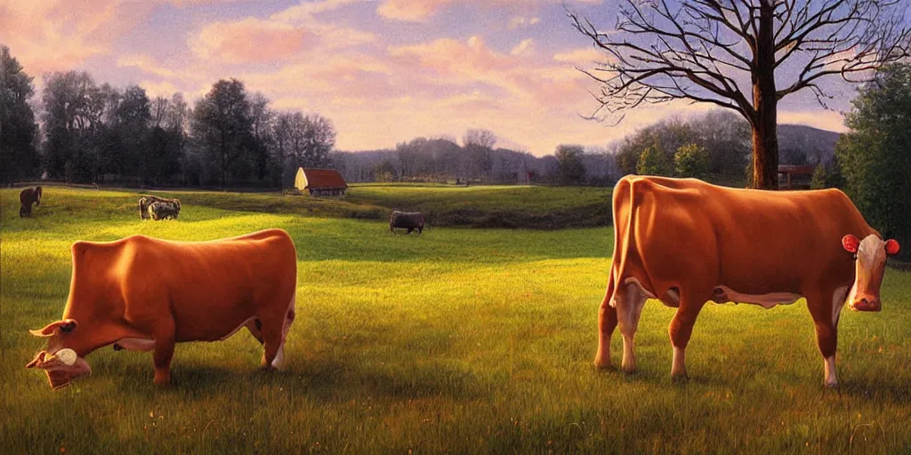 Prompt: cow, volumetric lighting, spring early, nice slight overcast weather, realistic illustration, perfectly shaded, ( golden hour ), soft painting, low angle, art by sven nordqvist