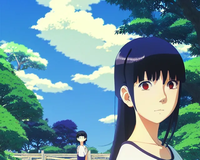 Image similar to hinata hyuga, park in background, bokeh. anime masterpiece by Studio Ghibli. illustration, sharp high-quality anime illustration in style of Ghibli, Ilya Kuvshinov, Artgerm