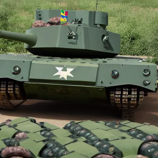 Image similar to a military tank with meatballs instead of wheels