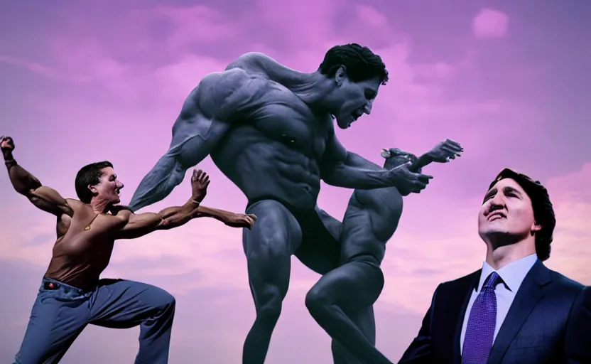 Image similar to Justin Trudeau getting smacked by a giant bodybuilder Obama, By Beeple