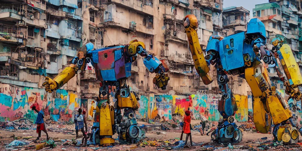 Image similar to colourful - damaged - giant mecha ROBOT of AJEGUNLE SLUMS in Lagos, markings on robot, Golden Hour, in the style of studio ghibli,