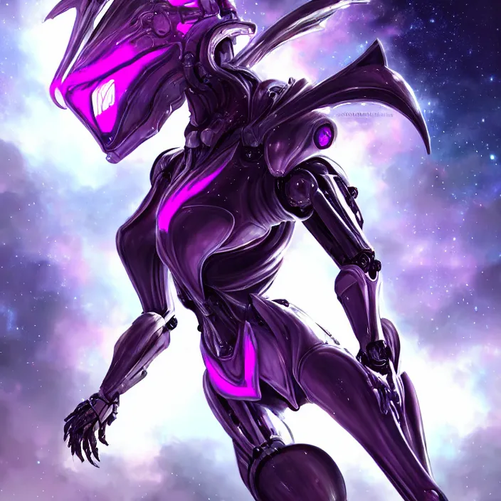 Image similar to cinematic close shot, cosmic sized proportional stunning beautiful hot female warframe, detailed robot mecha female dragon head, metal ears purple eyes, sleek silver armor, fuschia skin, floating in empty space, nebula sized, posing elegantly, epic proportions, epic size, epic scale, furry art, dragon art, giantess art, warframe fanart, furaffinity, deviantart