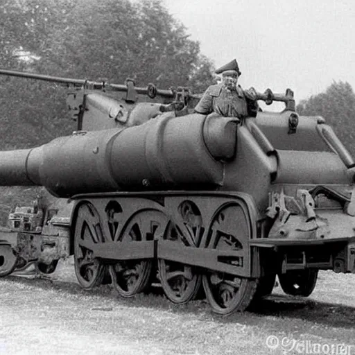 Image similar to WW2 era photograph of 800mm German artillery Dora from WW2 with Thomas the Tank Engine face