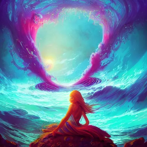 Prompt: i am attracting beautiful souls into my life 🌊✨🌸 🏺🌌, 8 k resolution detailed fantasy art, asymmetrical composition, anato finnstark marc simonetti lisa frank zbrush central gloomy midnight.