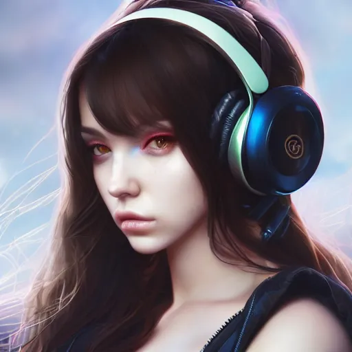 Image similar to beautiful full portrait of a girl, brunette curvy long hair, full - body shot, wearing cyberpunk headphones, streetwear, like a fashion model + high detailed, resolution beautifully detailed landscape trending on artstation 8 k, cinematic, epic detailed trending on artstation 8 k, by bukurote + krenz cushart + ryota - h + wlop