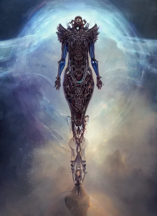 Image similar to epic portrait of menacing and anxious yet stunningly beautiful biomechanical djinn overseeing the iridescent fabric of time and space, by charlie bowater, mandy jurgens, gustav klimt, octane render, dramatic camera angle, 4k, 8k, high detail, HDR, by tom bagshaw, powerful, with inspiration from Beksinski, inspired by greek goddess Athena