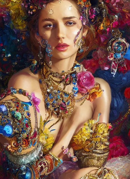 Image similar to a woman in an elaborate and ornate dress lying down on a background of colorful jewels. beautiful highly detailed face. painting by artgerm and greg rutkowski and raymond swanland.