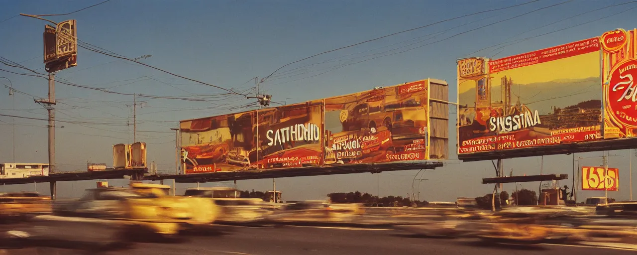Image similar to spaghetti billboard advertisement, highway, sunset, canon 2 0 mm, kodachrome, in the style of wes anderson