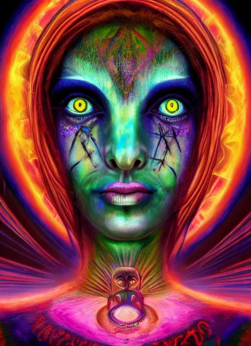 Prompt: tripping magic cult psychic woman, painted face, third eye, energetic consciousness psychedelic, epic surrealism expressionism symbolism, ultra high definition, unreal engine 5, volumetric lighting cinematic ray trace photorealism, symmetrical face, dark myth mythos, by alex grey, masterpiece