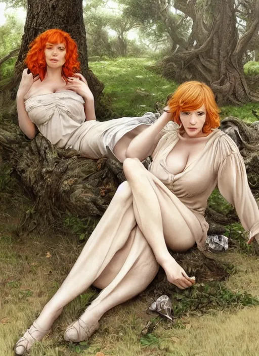 Image similar to tired Christina Hendricks taking a rest under a tree after an long adventure a ruggedly muscled handsome heroine, intricate, elegant, highly detailed, centered, digital painting, artstation, concept art, smooth, sharp focus, illustration, artgerm, donato giancola, Joseph Christian Leyendecker, WLOP, Artgerm, thunder storm